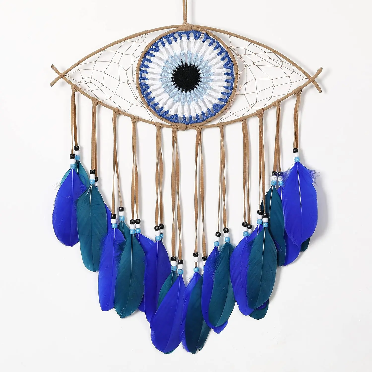 Handmade Gothic Multicolored Crochet Blue Evil Eye Dream Catcher - Lightweight Feather Wall Hanging Home Decor, Halloween Good Luck Charm, Ideal Gift for Bedroom, Balcony, Thanksgiving, Christmas Home Supplies Enthusiasts, 2Pcs Evil Eye, Protects From Evi