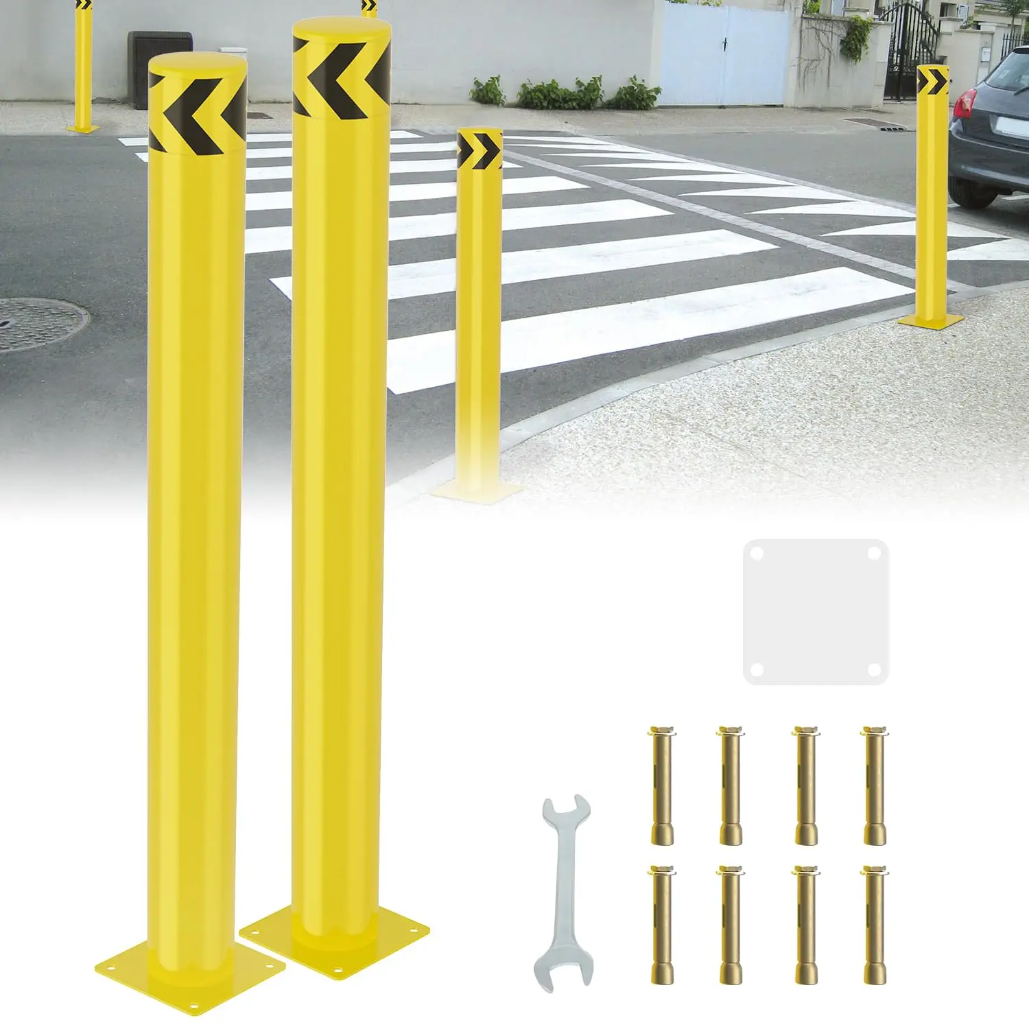 Nilight 2-Pack Anti-Oxidation Steel Safety Bollard Post - 4.5" Diameter, 7.9x7.9" Sealed Base, Reflective Strips, Metal Road Safety Barrier, High Visibility, Easy Setup, Steel Construction, Parking Guidance