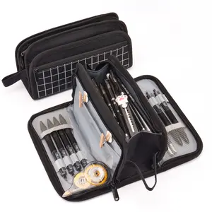 Large-capacity Double-layer Pencil Bag, Black and White Plaid/transparent Viewing Window Available, Multi-functional Student Stationery Storage Bag, Portable Pencil Bag