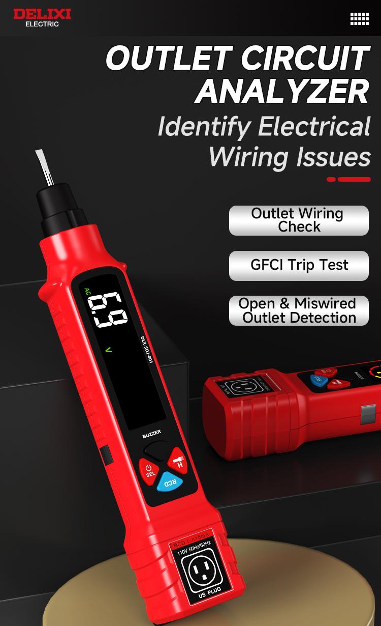 DELIXI 2 in 1 Outlet Circuit & Voltage Tester Pen, 2–440V AC Voltage Detector with NCV Function, Integrated GFCI Outlet Tester & Polarity Check, LCD Display, Audible Alarm & Flashlight, 3 Prong AC Voltage Socket Checker, Wiring Fault Detector detail 1