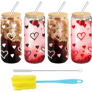 4-Pack Heart Pattern Glass Cups with Glass Straws, Includes Cup Brush and Straw Brush, 16oz/480ML Iced Coffee Cups for Everyday Use Tumbler