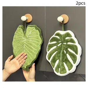2pcs Plant Bamboo Leaf Hanging Hand Towels, Creative Thick Absorbent Quick-Dry Cloth, Coral Fleece Bathroom Kitchen Home Use