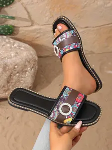 Women's Multicolor Ethnic Style Rhinestone Flat Mules, Boho Print + Rhinestone Button + Square Toe, Perfect for Beach & Summer