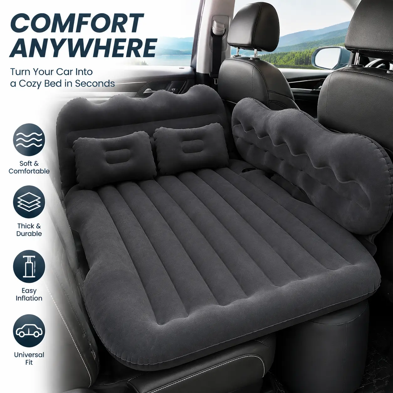 Inflatable Car Mattress Bed - Folding PVC+Fabric Soft Flocking Travel-Ready Vehicle Interior Air Bed with Pillow, Portable SUV Camping Mattress for Road Trips & Long Drives