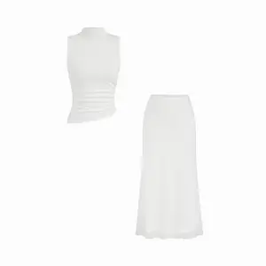 Cider Jacquard Lace Panel High Rise Pencil Maxi Skirt & Asymmetrical Neck Sleeveless Top Set