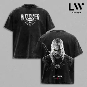 "Geralt The Witcher" Vintage Washed Tee, Heavyweight Monster Hunter Graphic Shirt, Oversized Retro Gaming Streetwear Clothing