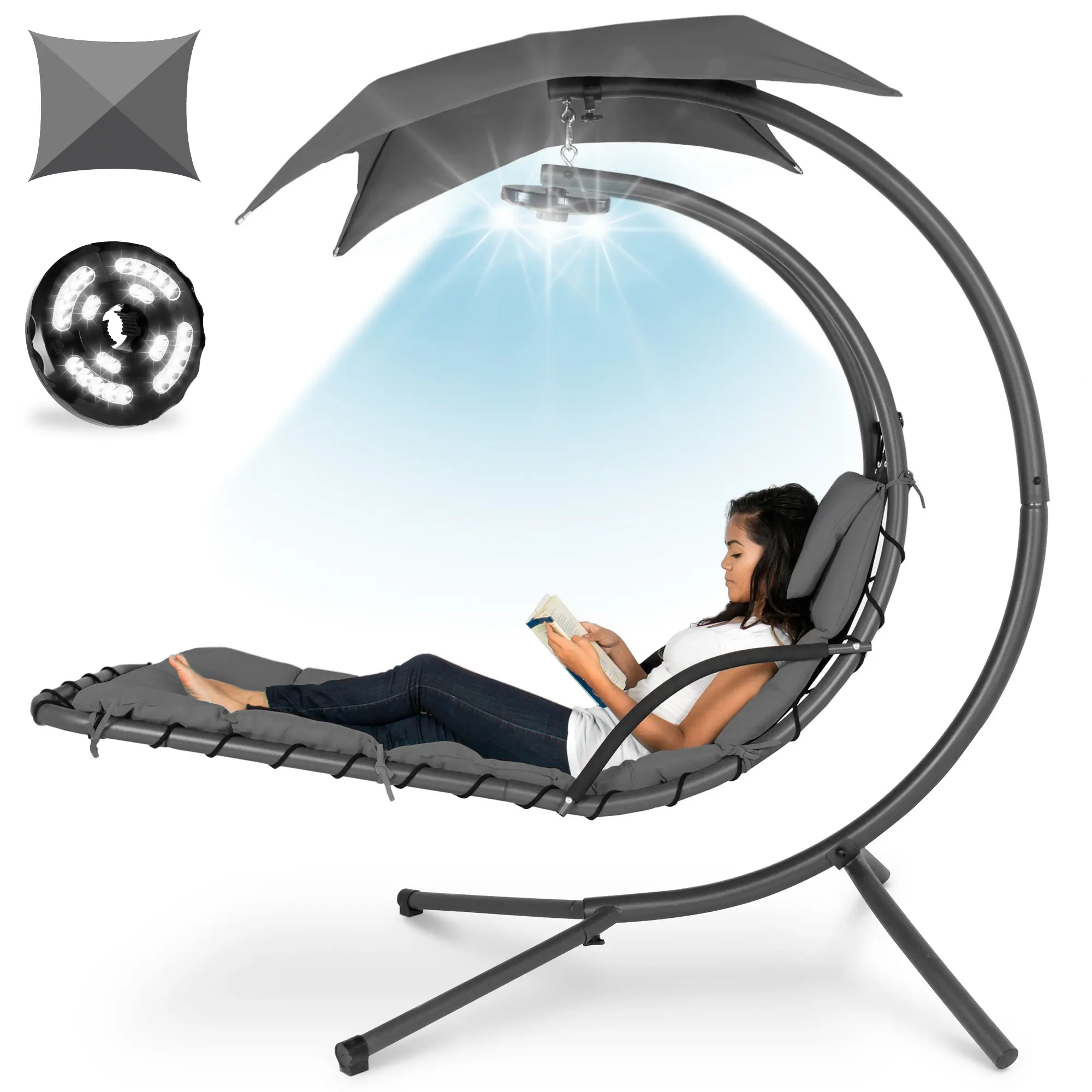 Best Choice Products Hanging LED-Lit Curved Chaise Lounge Chair for Backyard, Patio w/ Pillow, Canopy, Stand Best Choice Products Hanging LED-Lit Curved Chaise Lounge Chair for Backyard, Patio w/ Pillow, Canopy, Stand