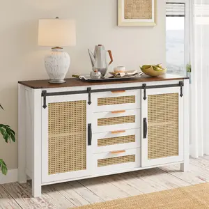 YODOLLA Farmhouse Sideboard Buffet Cabinet with Storage, Rattan Kitchen Cabinet w/Sliding Barn Doors & 4 Drawers, Rustic Wood Coffee Bar Table