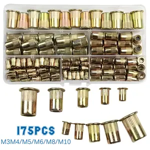 175pcs heavy-duty M3/M4/M5/M6/M8/M10 rivet and nut tool set, including fully threaded cylindrical rivets, knurled caps, and polished nuts, suitable for thin metal sheets—compatible with DIY, automotive, and electronics assembly (professional fastener set)