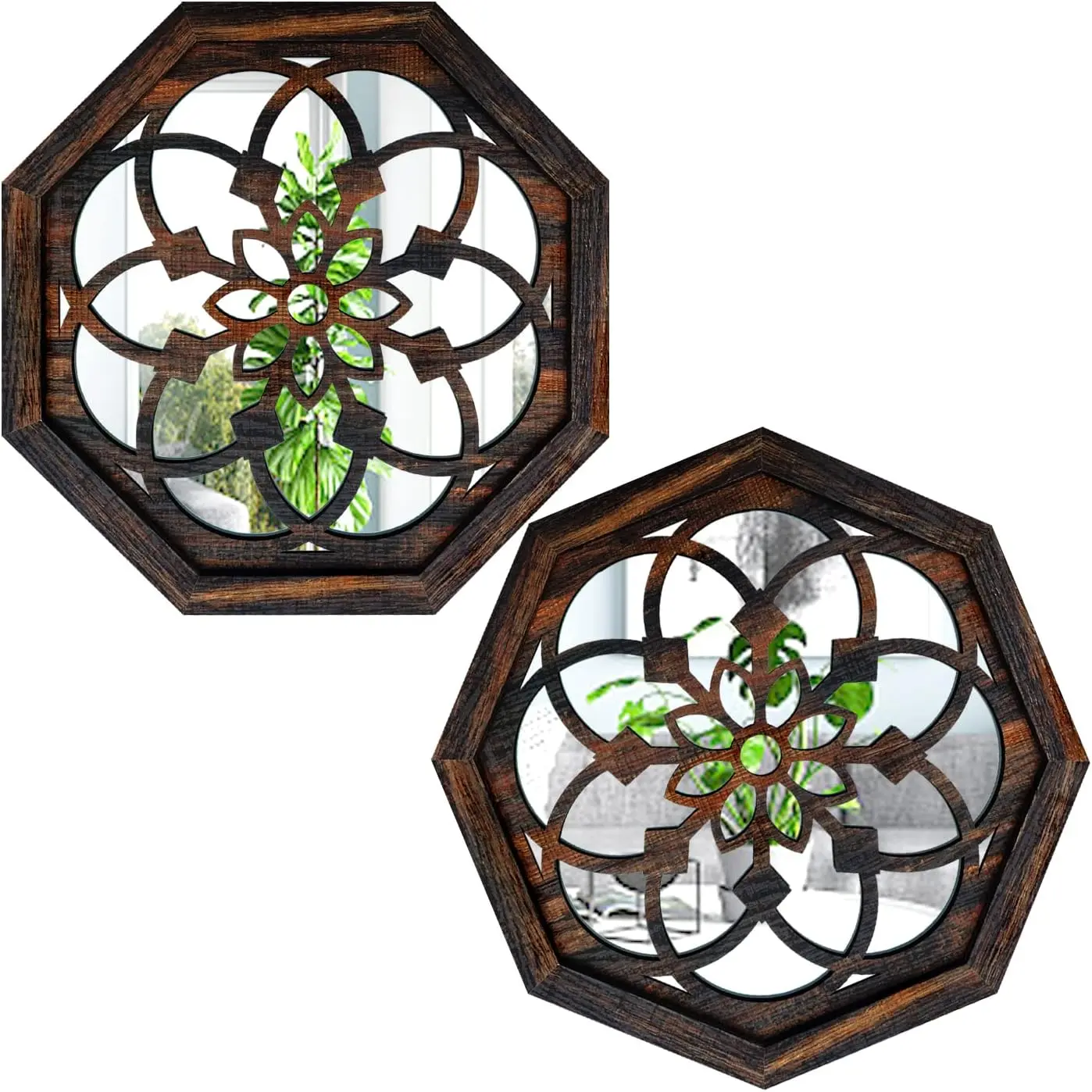 ZOLAPI 2-Piece Octagon Wall-Mounted Mirrors,Vintage Farmhouse Mirror for Wall Decor,Caramel Color Decorative Accent Mirror for Foyer, Bathroom, Bedroom. (12”x12”)