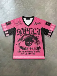 Pink Contrast Mesh Jersey Top | Harajuku Gothic Eye Graphic Casual Style Tee with Number 23 | Aesthetic Oversized Streetwear Shirt for Skaters & Street Photo Outfits