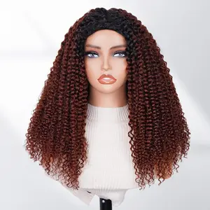 CurlyMe 3 IN 1 Reddish Brown Kinky Curly Half Wig with Black Roots-Glueless & Beginner Friendly