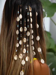 Boho Style Starfish Shell Beaded Hair Accessory for Women, Bead Embellishments, Long Braided Headband, Daily Party Wear, Fashionable Pearl Beads Design, Natural Motifs, Weave