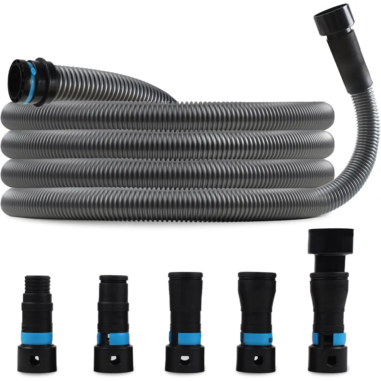 Upgraded Kink-Free Bend 1.25-Inch x 17 Ft. Dust Collection Hose, Quick-Release 5 Fittings/Adapters, Dust Extractor Attachment Tubing & Hoses for Woodworkers’ Wet-Dry Vacuums, Power Tools/Sanders, 1-Year Support