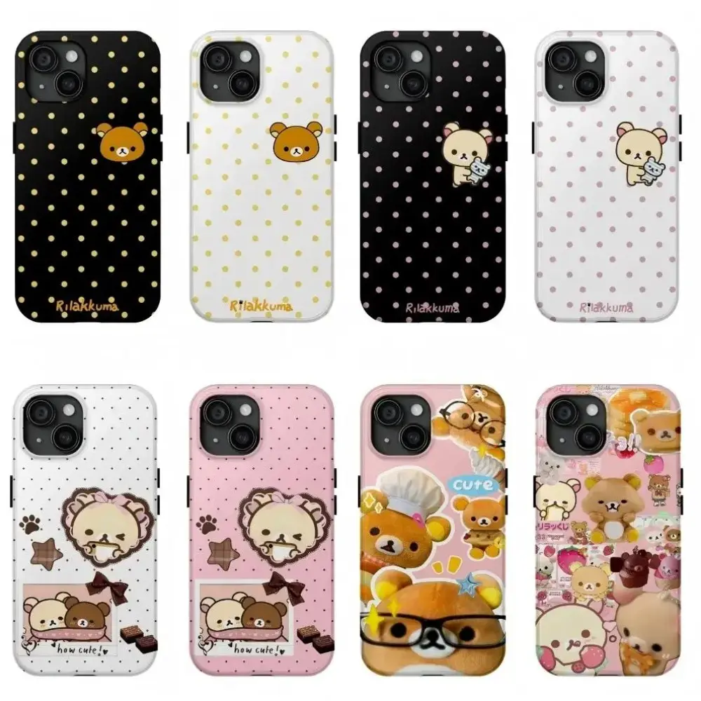 Cute Bear Polka Dots Kawaii Rilakkuma K-Korilakkuma Exclusive Artistic Fashion Phone Cases For iPhone 17 16 15 14 13 12 11 Promax Pro Air Plus Shockproof Cover Casing Protection Best Gifts For Valentine Christmas Birthday