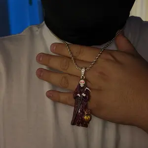 XL Gold-Plated Santa Muerte Chan Pendant Necklace, 24-In Gold Rope Chain, Necklaces for Women, Unique Daily Wear Fashion Costume Jewelry Accessory
