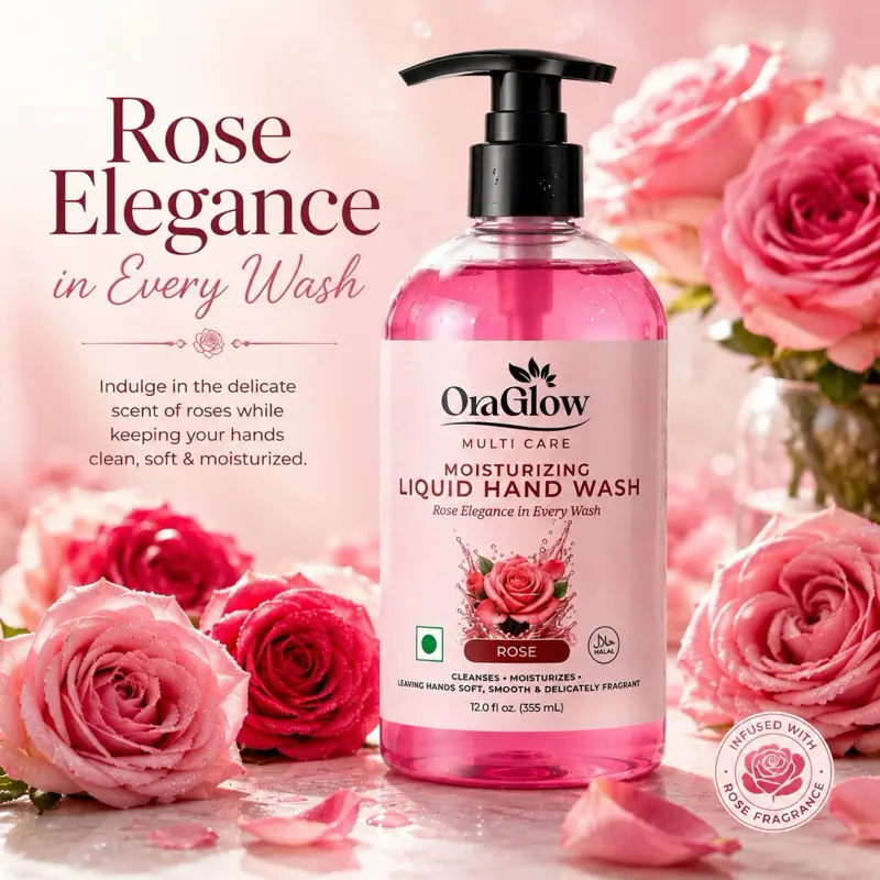 OraGlow Multi Care Moisturizing Liquid Hand Wash – Rose Scent Hand Soap, Cleanses & Moisturizes Hands, Gentle on Skin, SLS Free & Paraben Free, Halal, Made in USA, 12 fl oz (355 ml) mL)