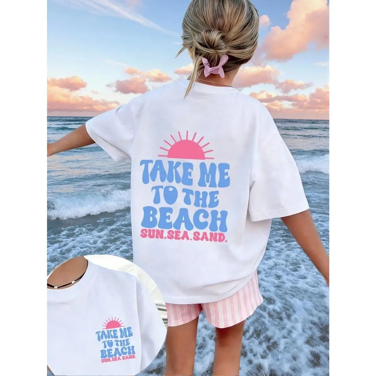Girls' Graphic Tee Top, Chic Korean Letter Print Cotton T-Shirt with Drop Shoulder Short Sleeves for Summer, Cute, Party, Round, Retro, Shortsleeve, Graphic Printed Tees, Fit, Cool Graphic Tee