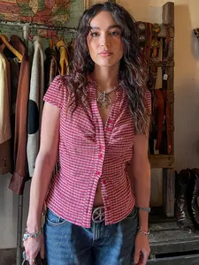 Women's Gingham Slim Fit Shirt, Single Button Textured Short Sleeve Top, Casual All Season Wear, Stylish Lapel Design, Casual Collared