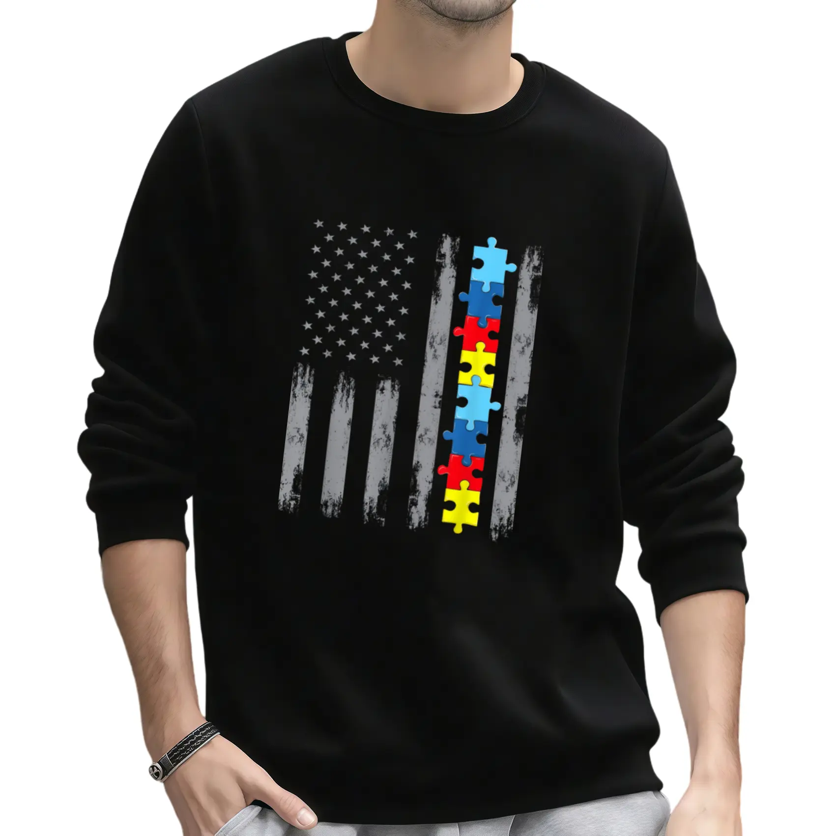 Men's Long Sleeve Sweatshirt with Autism Awareness & American Flag – Patriotic Christian Rock Style, Local Warehouse Shipping, Summer 2026 Print Classic Fabrics Menswear Hoodie