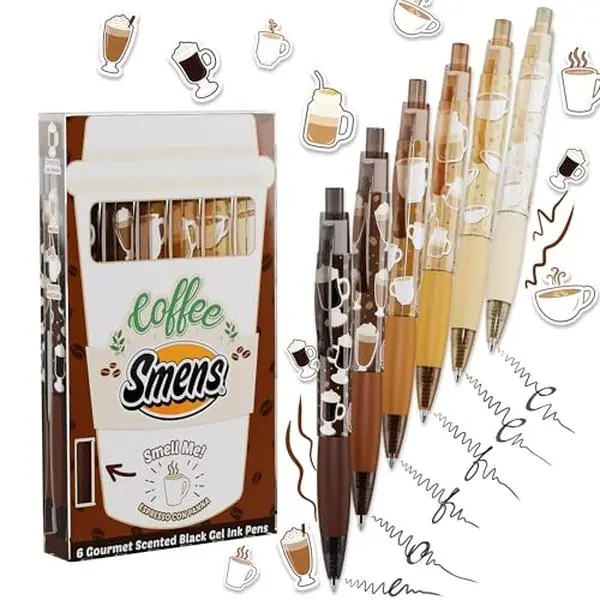 Coffee Smens - Gourmet Coffee-Scented Gel Pens, Black Ink, Medium Point, 6Pack Variety Set