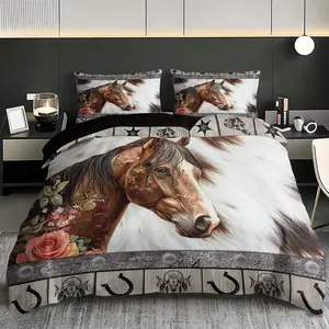 3-Piece Horse Print Duvet Cover Set, Soft Comfortable Bedding, Includes 1 Duvet Cover and 2 Pillowcases, Ideal for Bedroom, Dorm, Guest Room Decor