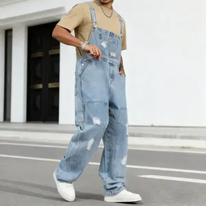 YXLUOKY Men's Letter Print Distressed Casual Versatile Denim Bib Overalls for Street Work Urban Wear Beige