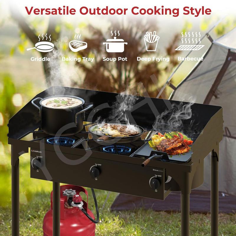 3 Burner Outdoor Propane Gas Stove with Regulator, Windpanel & Carrying Bag, 150,000 BTU Powerful Stand Cooker for Backyard Cooking Camping Home Brewing Canning Turkey Frying