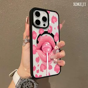 Pink leopard print red lip lollipop Pattern Premium Magnetic Phone Cases for iPhone 17 Air 16 15 14 Pro Max 13 12 11 Plus Smartphone Shockproof Protection Acrylic Cover Cellphone Protective magsafe magnetic case Aesthetic Resistance Casing Protector