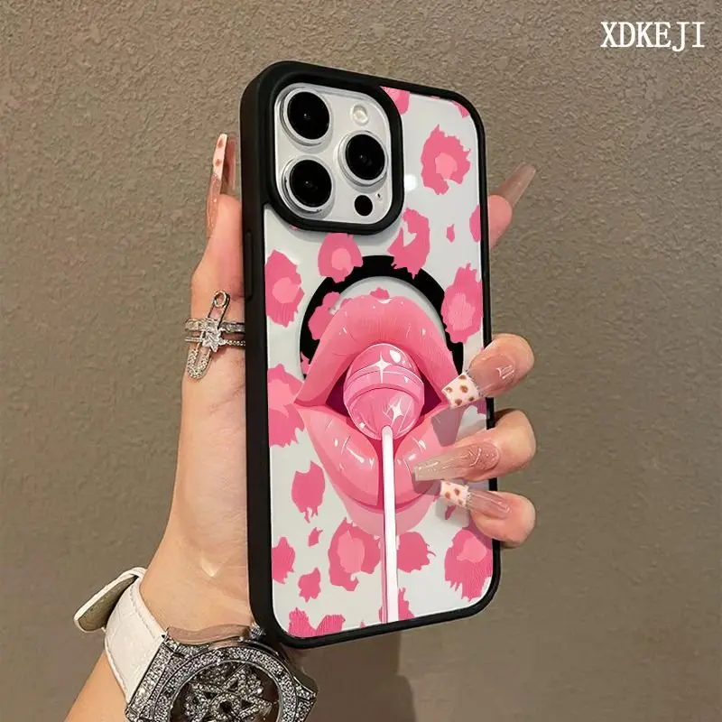 Pink leopard print red lip lollipop Pattern Premium Magnetic Phone Cases for iPhone 17 Air 16 15 14 Pro Max 13 12 11 Plus Smartphone Shockproof Protection Acrylic Cover Cellphone Protective magsafe magnetic case Aesthetic Resistance Casing Protector