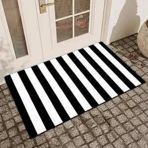 1 Pc Black And White Striped Printed Door Mat With Linen Surface, Diatomaceous Earth Anti Slip And Absorbent, Indoor And Outdoor Door Mat, Home Decorative Rug, Non Slip Rug, Kitchen, Bathroom, Bedroom Decoration