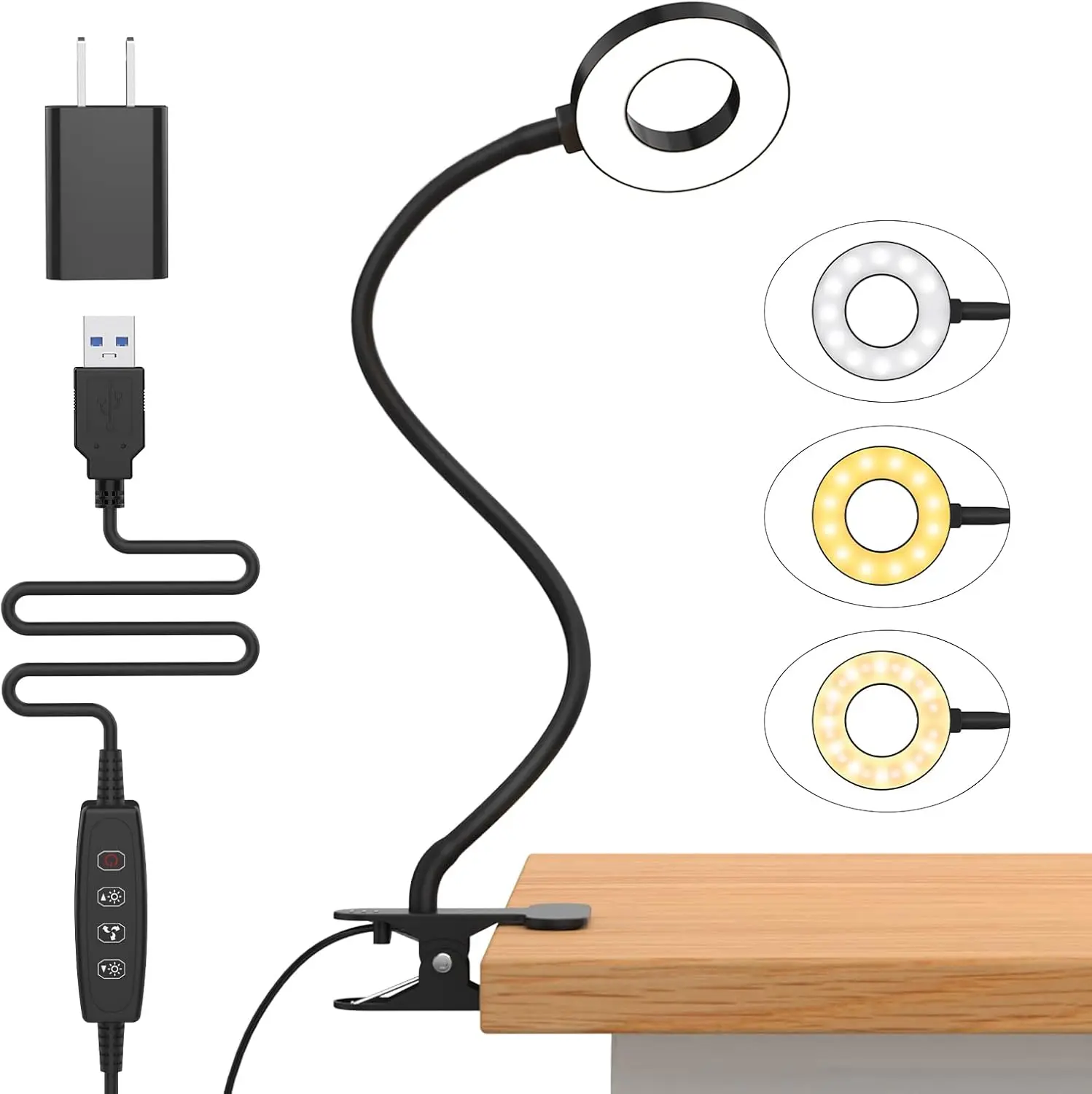Clamp-Style Color-Changing Bendy Multi-Joint Desk Lamp, 3 Color Modes & 10 Brightness LED Reading Light with Silicone Flexible Arm, 15.8in Black Clip-On Light for Kids’ Bedtime Reading on Table, Headboard, Dorm, Bendy Desk Lamps, Clamp-Style Desk Lamps