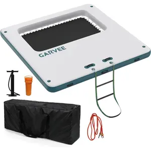 10x10FT Inflatable Floating Dock Water Platform with 4*7FT Trampoline Mesh Pool, Multi-People Inflatable Floating Mat with Bag & Detachable Ladder for Lake Pool Beach