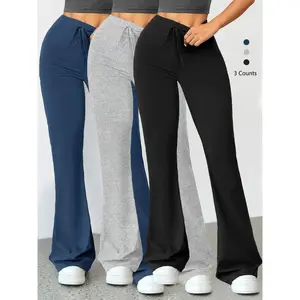 Women's Solid Drawstring High Waist Flare Leg Sports Leggings, Casual Comfy Breathable Bell Bottom Trousers, Flared Yoga Bottoms for Yoga Gym Workout Running, Ladies Sportswear for Fall & Winter