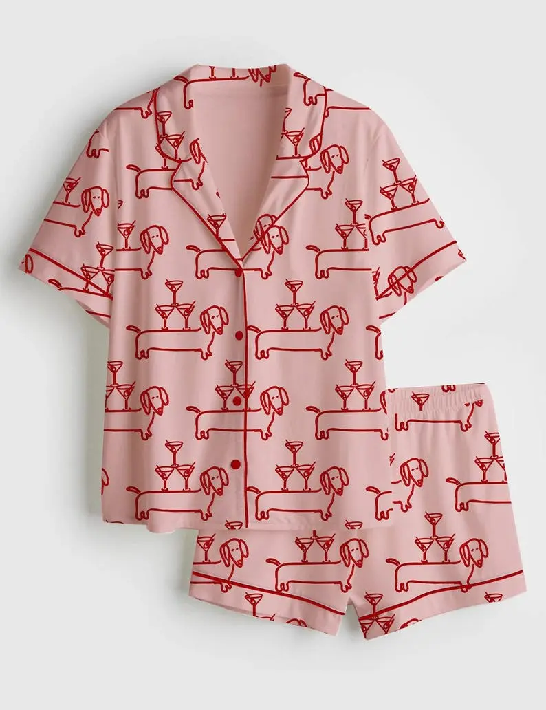 Women’s Dachshund Pajama Set, Martini & Weenies Print, Short Sleeve Satin Sleepwear, Dog Pajama, PJs Family, Pajama Gifts for Her, Shorts & Pants | Custom Gift for Her | Bridesmaid Pajamas | Custom Jersey PJS