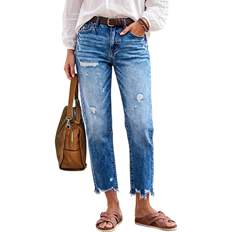 Flamingals Wash Ripped Raw Hem Mid Rise Straight Leg Crop Jeans Without Belt Stretchy 24.8'' Inseam