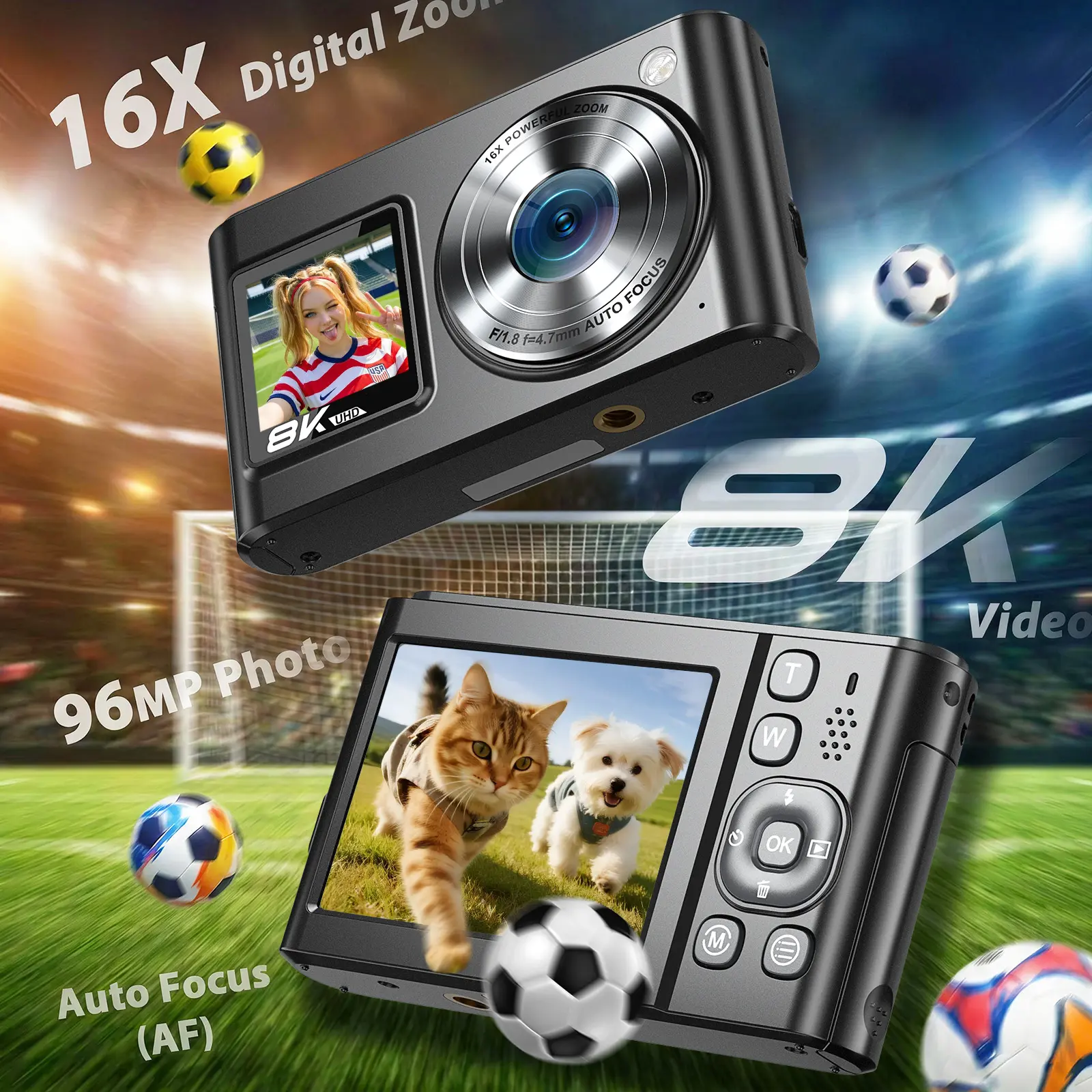 Digital Camera Zostuic 8K Vlogging Selfie Camera, 96MP Digital Camera with Dual Screen & 16X Zoom, 6-Axis EIS Anti-Shake WiFi Y2K Aesthetic Compact Camera for Boys and Girls Photography Travel Record Ideal Holiday Gift.