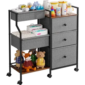 Baby Diaper Caddy Organizer and Storage - 3 Tier Rolling Cart with Dividers and Drawers, Easy To Assemble, Mobile Utility Cart with Wheels for Nursery, Bedroom, Changing Table & Crib
