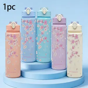 Soft Power Sakura 750ML Travel Water Bottle, Inspirational Floral Print, Leakproof Flip Lid, Portable Carry Strap, BPA-Free Reusable Hydration Bottle for Women, Drinkware