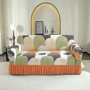 Geometric Print Sofa Cover, 1 Count Sofa Dust Cover with Ruffle Trim, Sofa Protector for Home Living Room Bedroom Hotel Dormitory, Sofa Slipcover