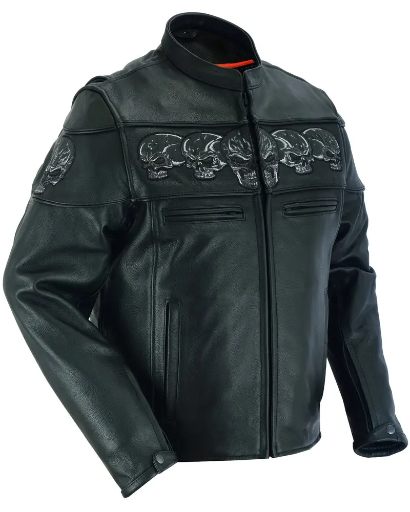 DANIEL SMART Ironclad Men's Leather Motorcycle Jacket - Soft, Mock Neck, Thermal Liner, Concealed Carry Pockets, Stripe Detail, Reflective Skulls, Heavy Thread Stitching, Reinforced Shoulder Support Panels, Action Back, Zipper Closure