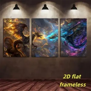3 pieces of fantasy art style wallpaper with two dragons fighting in the sky canvas poster, bedroom, living room home decoration 2D flat printing frameless painting