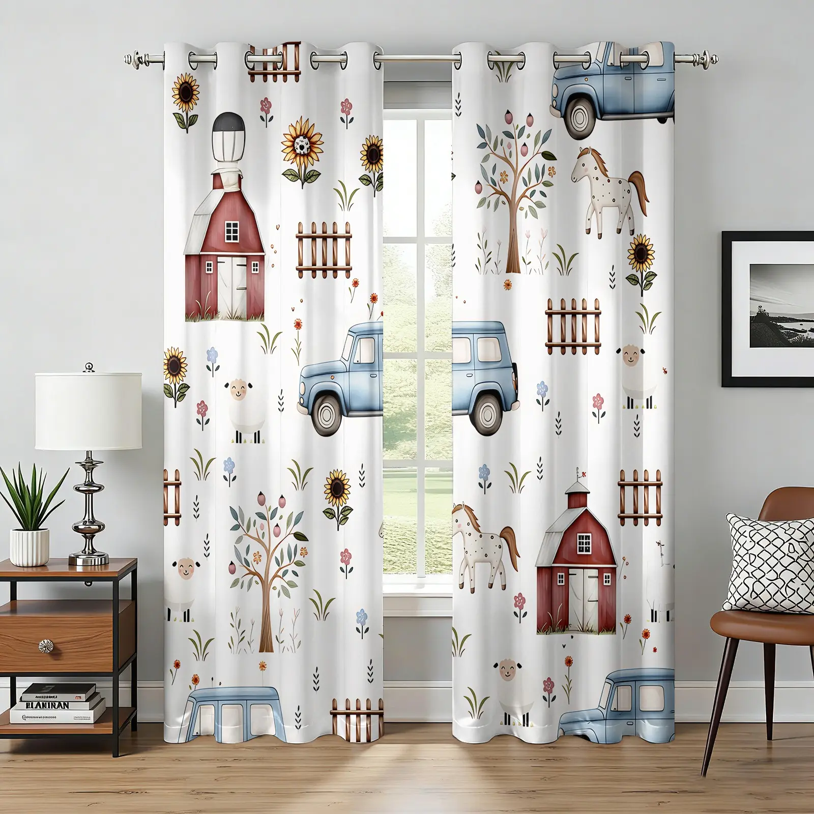 2 Panels Farm Animal Truck Blackout Curtains, Barn Sunflower Print Curtains, Rustic Farmhouse, Cute Kids Style, White Window Treatments with Grommet Top, For Toddler Bedroom Nursery & Living Room Decor