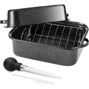 21Inch Roasting Pan, Large Rectangle Roasting Pan With Rack, 25lb Capacity, Large Roaster pan for Baking Turkey, V-Rack and Versatile Lid Bone Turkey Baster by