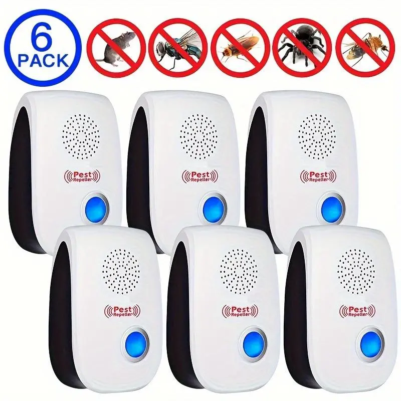 Ultrasonic Pest Repeller 6-Pack - Safe Non-Toxic Electronic Insect Killers, Pet-Friendly, 3-Unit Option, for Kitchens/Warehouses, Against Cockroaches, Spiders, Ants, Mosquitoes, Flies, Mice, Worms, Weeds, Christmas Gift