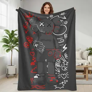 kaws Modern Graffiti Character Flannel Blanket Abstract Street Art Design with Bold Red and White Accents Soft Warm Cozy Lightweight Durable for Bedroom Sofa Office Gift Home Decor