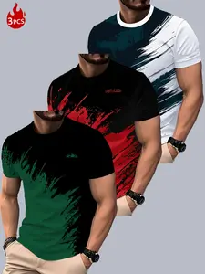 Set of 3, Striped Print Men'S Stylish Casual Short-Sleeve T-Shirts, Summer Round-Neck Quick-Dry Breathable Athletic T Shirt Sports T-Shirts, Unique Short-Sleeve T-Shirts, Sports Tops