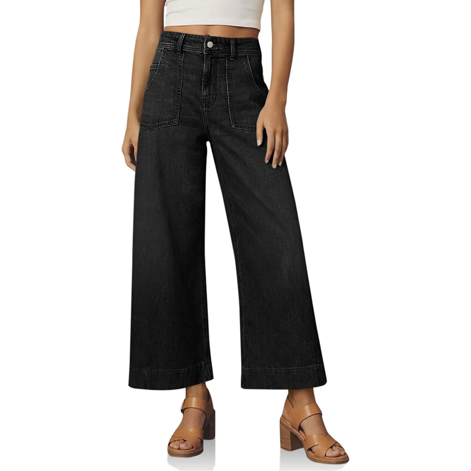 Cicy Bell Womens Baggy Wide Leg Jeans Cropped High Waisted Stretchy Trendy Loose Capri Denim Pants