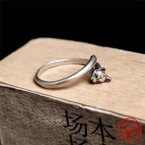 Gothic Style Vintage Real 925 Sterling Silver Cat Ring Women Adjustable Finger Jewelry Punk Dark Gifts