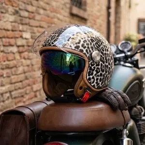 Leopard Print 3/4 Open Face Motorcycle Helmet – Dual Visor Retro Cruiser Helmet, Lightweight DOT Style Half Helmet for Men & Women